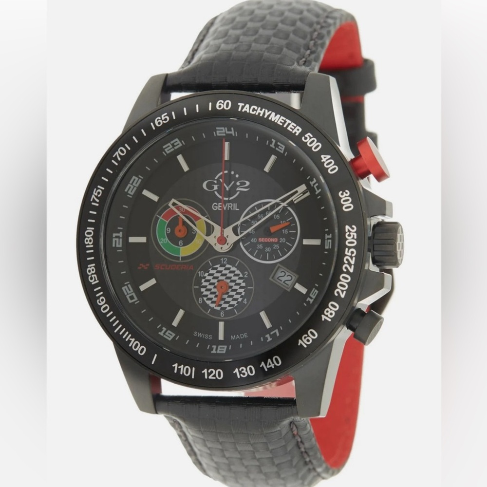 GV2 Scuderia White Dial Black Leather Chronograph Date Watch, 45mm